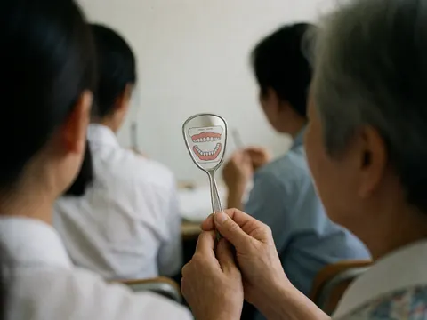 Un étudiant en cours de langues tient un miroir dentaire montrant une bouche avec des dents, sur fond flou d'aula et autres élèves.