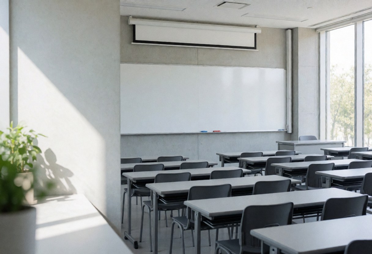 Salle de classe moderne et vide équipée d'un tableau blanc, de tables et de chaises grises, éclairée par la lumière naturelle entrant par les fenêtres, avec des murs en béton.