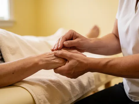 Un thérapeute applique un massage sur la main d'un client dans une salle de traitement aux murs jaunes pâles et aux serviettes blanches.