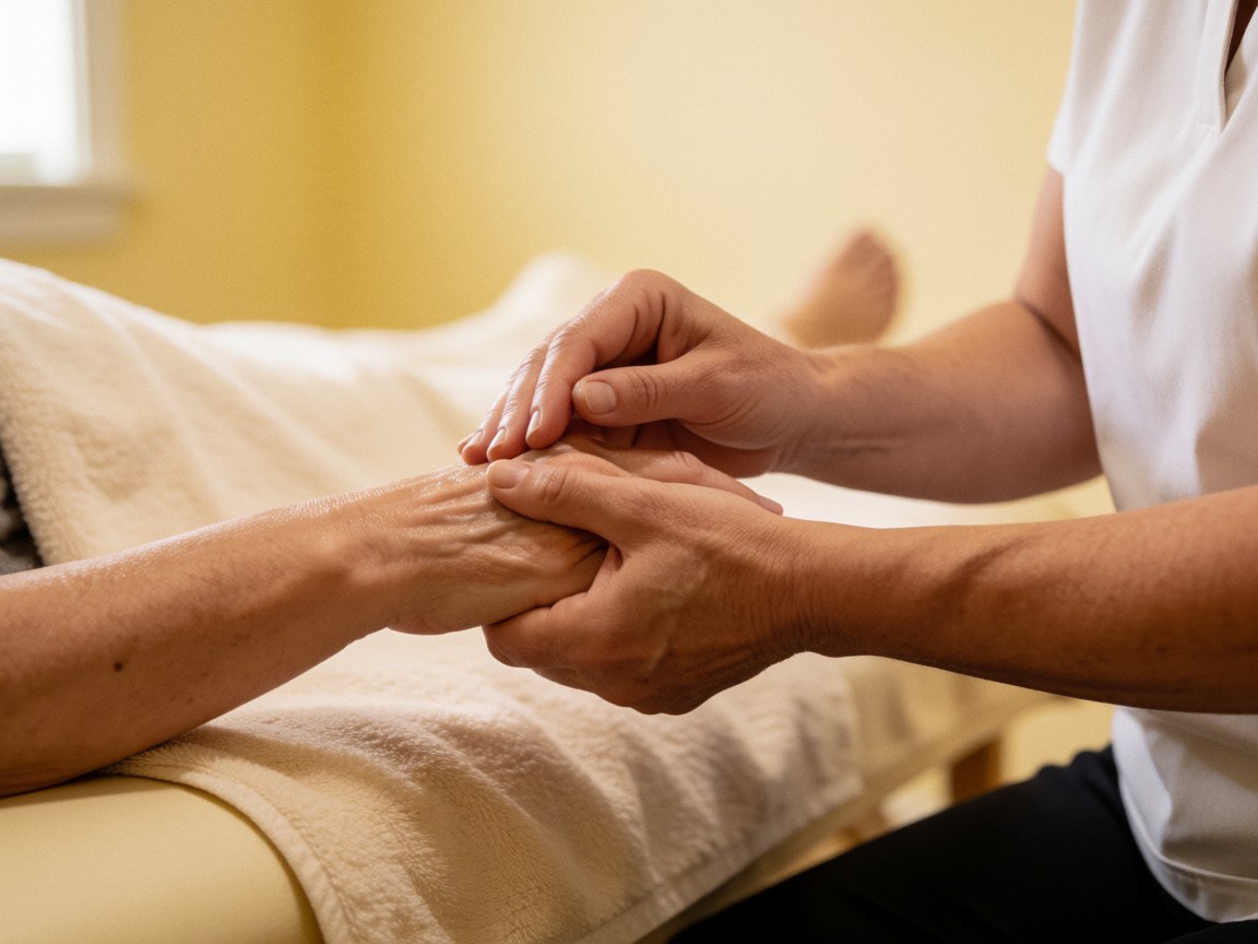 Un thérapeute applique un massage sur la main d'un client dans une salle de traitement aux murs jaunes pâles et aux serviettes blanches.