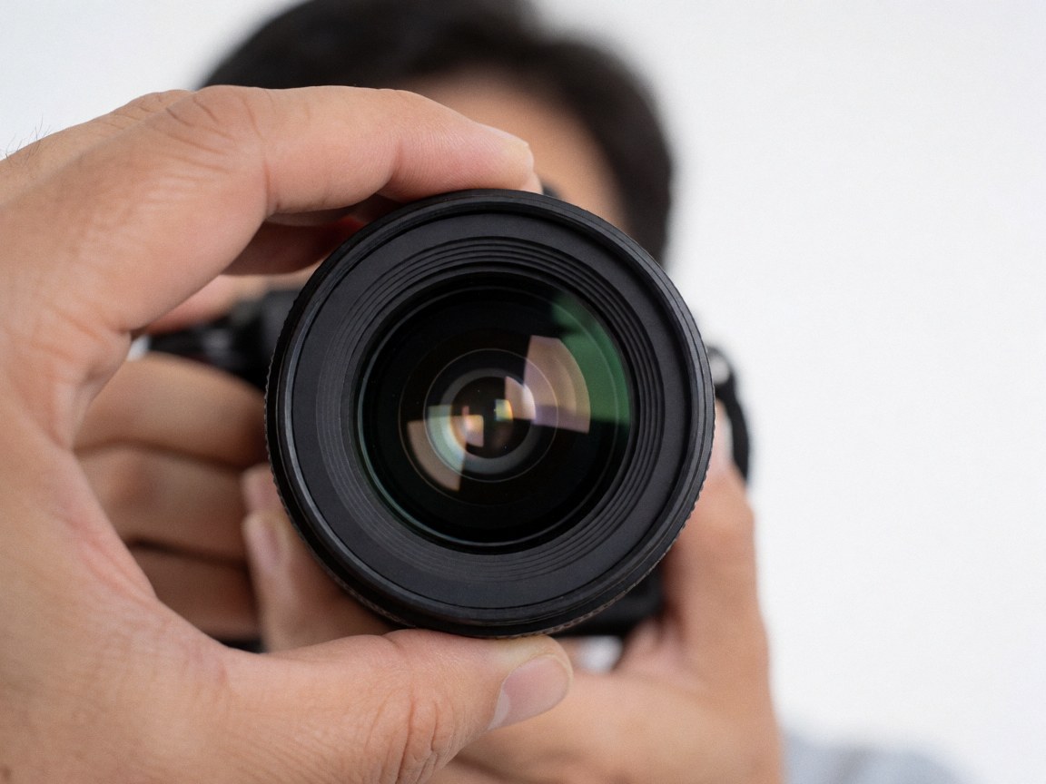 Gros plan détaillé d'une lentille de caméra professionnelle posée sur un fond blanc uni, mettant en évidence la précision et la qualité du matériel photo.