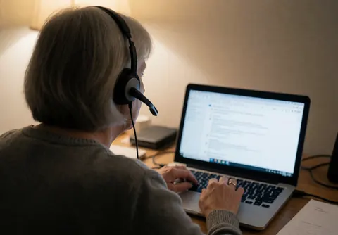 Vue rapprochée d'une personne portant des écouteurs, concentrée sur un écran d'ordinateur portable posé sur un bureau en bois.