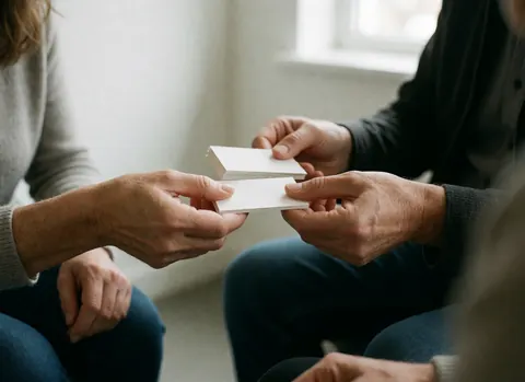 Des mains d'adultes échangent des cartes de visite dans un cadre professionnel avec une lumière naturelle et un arrière-plan flou.