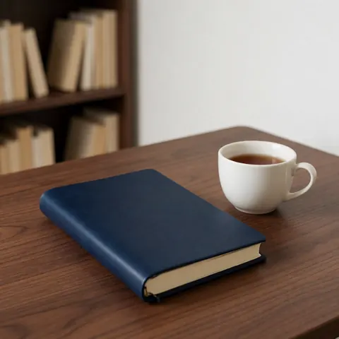 Un cahier ouvert et une tasse de thé posés sur un bureau en bois entouré de livres, évoquant l'étude des langues dans un cadre calme.