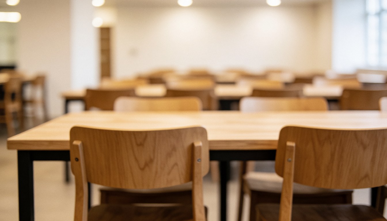 Scène d'étude universitaire avec tables et chaises en bois, éclairage chaleureux et flou artistique, idéale pour éducation et apprentissage.