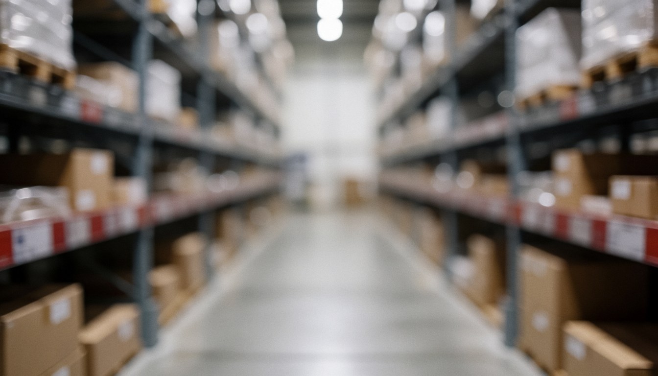 Couloir d'entrepôt avec des étagères métalliques et des cartons, arrière-plan flou idéal pour textes sur la logistique industrielle.