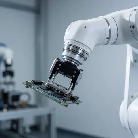 Un bras robotique industriel effectue une opération de précision sur un composant électronique dans un environnement de fabrication automatisée.