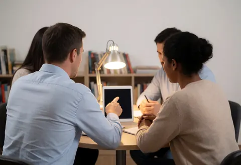 Un conseiller et un étudiant lors d'une réunion dans un bureau, avec une tablette, une lampe de bureau et des livres en arrière-plan, créant une ambiance chaleureuse et professionnelle.