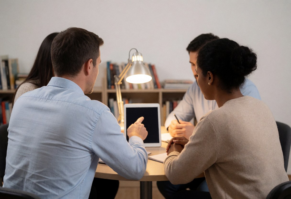 Un conseiller et un étudiant lors d'une réunion dans un bureau, avec une tablette, une lampe de bureau et des livres en arrière-plan, créant une ambiance chaleureuse et professionnelle.