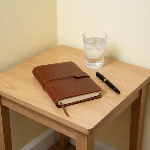 Un carnet en cuir brun posé sur une table en bois clair avec un verre d'eau glacée, fond jaune pâle, scène professionnelle minimaliste.