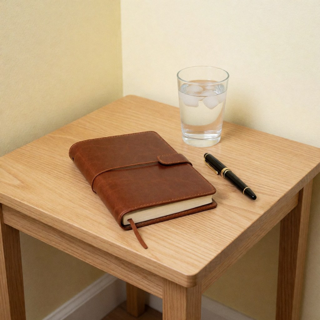 Un carnet en cuir brun posé sur une table en bois clair avec un verre d'eau glacée, fond jaune pâle, scène professionnelle minimaliste.