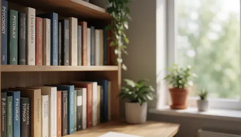 Arrière-plan de bureau comprenant une étagère remplie de livres sur la psychologie, des plantes vertes et une lumière naturelle entrant par la fenêtre.
