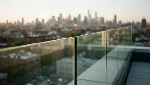 Vue d'un garde-corps en verre transparent reflétant les couleurs chaudes du ciel lors du coucher du soleil, avec un arrière-plan urbain flou suggérant une terrasse moderne.
