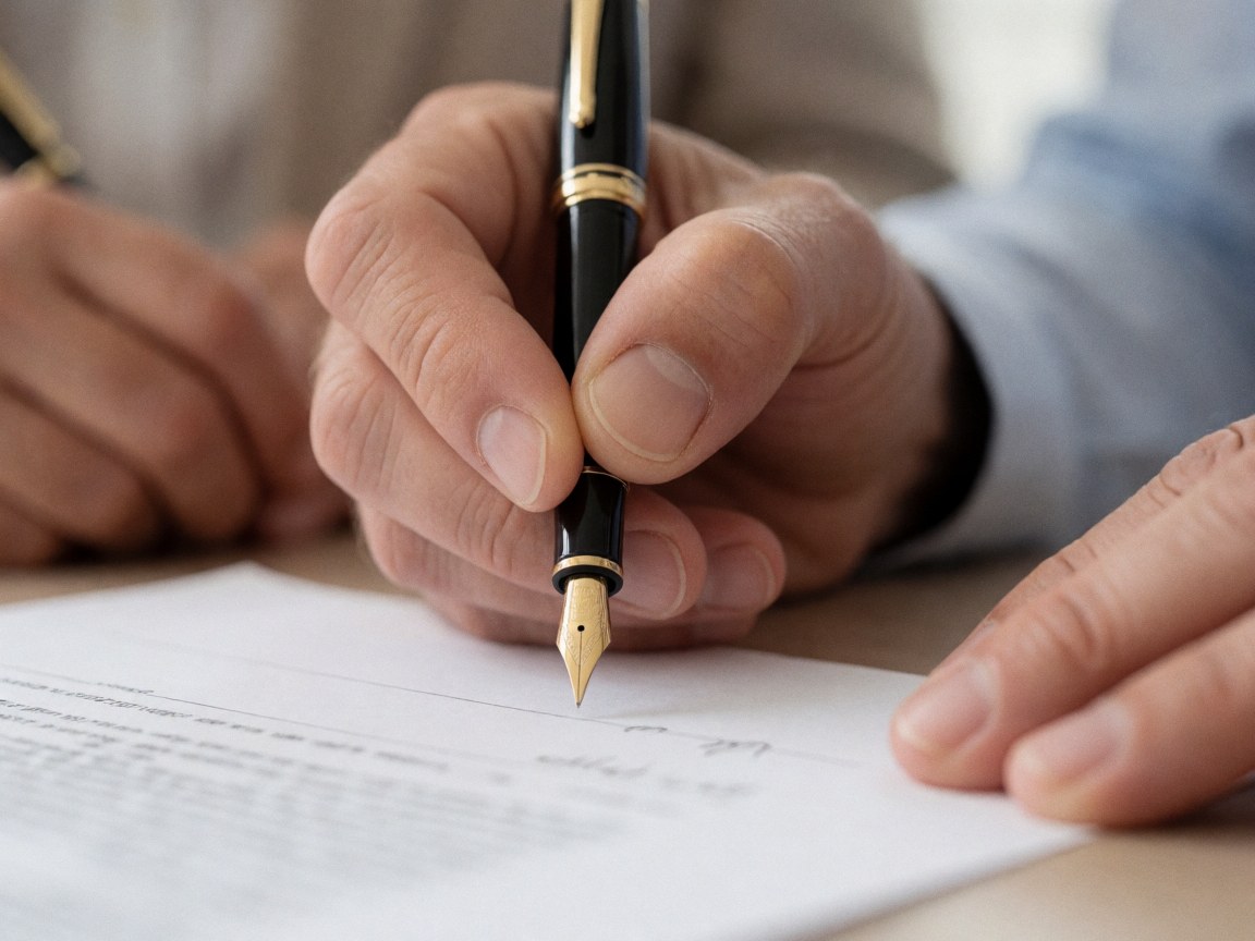 Vue rapprochée d'une main signant un document avec un stylo, illustrant les ressources humaines et les accords professionnels.