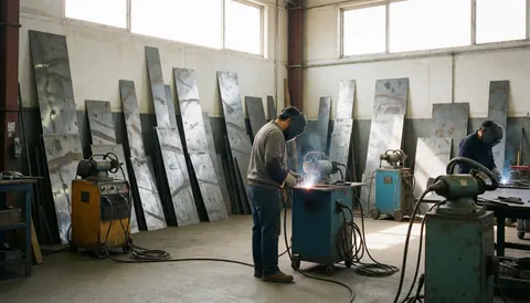 Un soudeur professionnel travaille dans un atelier de fabrication industrielle, entouré d'équipements et de matériaux métalliques.