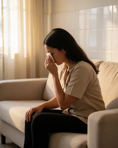 Une femme adulte assise sur un canapé beige dans un intérieur, tenant un mouchoir et pleurant, exprimant une émotion intense dans un cadre calme.