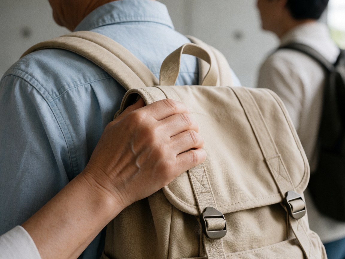 Gros plan montrant la texture et les coutures d'une sangle épaisse et solide fixée à un sac à dos beige en tissu, conçu pour les étudiants universitaires.