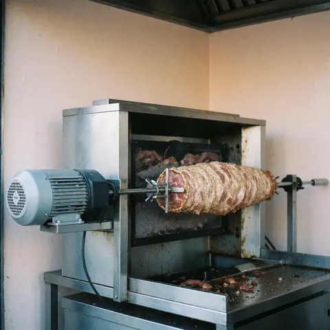 Vue rapprochée d'une rôtissoire rotative industrielle en métal avec paroi beige, conçue pour la cuisson de viande dans un environnement de cuisine commerciale.