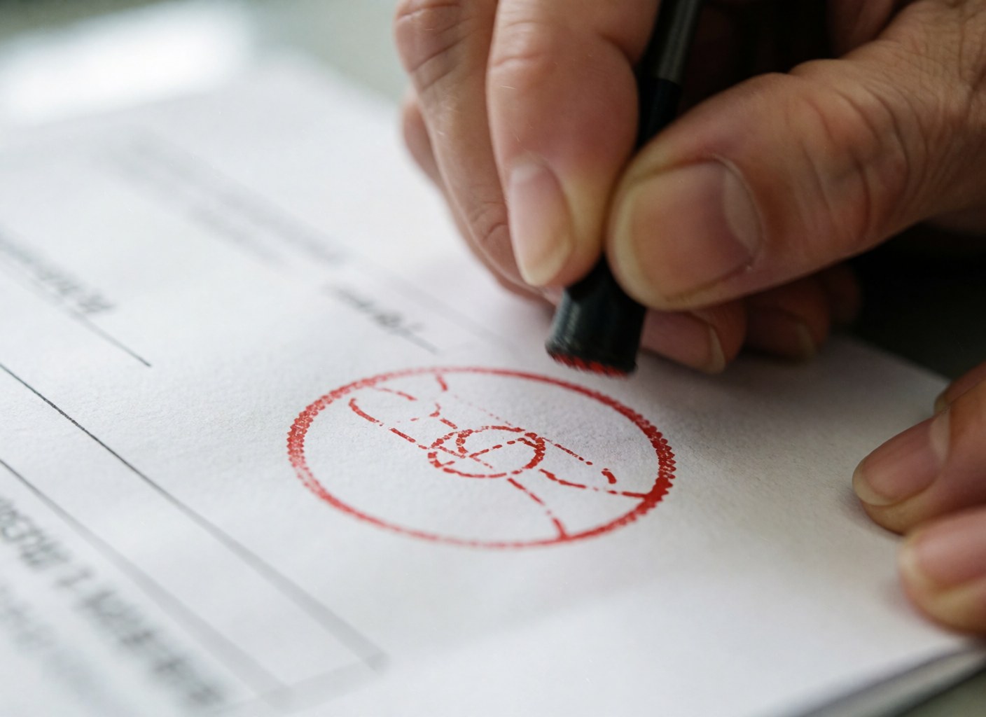 Gros plan d'une main adulte utilisant un tampon circulaire rouge sur une paperasse administrative dans un bureau.