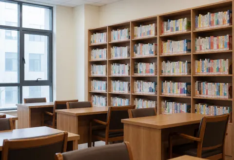 Étagères en bois remplies de livres, tables et chaises pour l'étude, éclairage naturel par les fenêtres, ambiance calme et ordonnée.