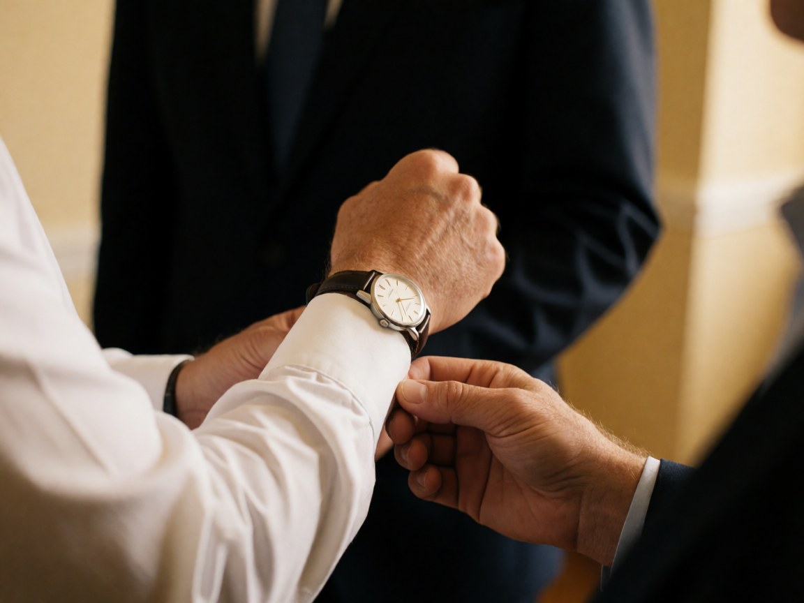 Gros plan sur les mains d'un professionnel ajustant la manche de sa chemise blanche, portant une montre à bracelet en cuir et une veste bleu marine.