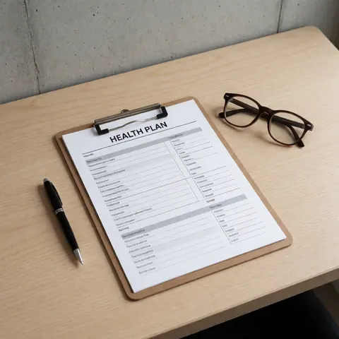 Formulaire de santé posé dans un porte-documents sur un bureau en bois clair, accompagné de lunettes et d'un stylo.