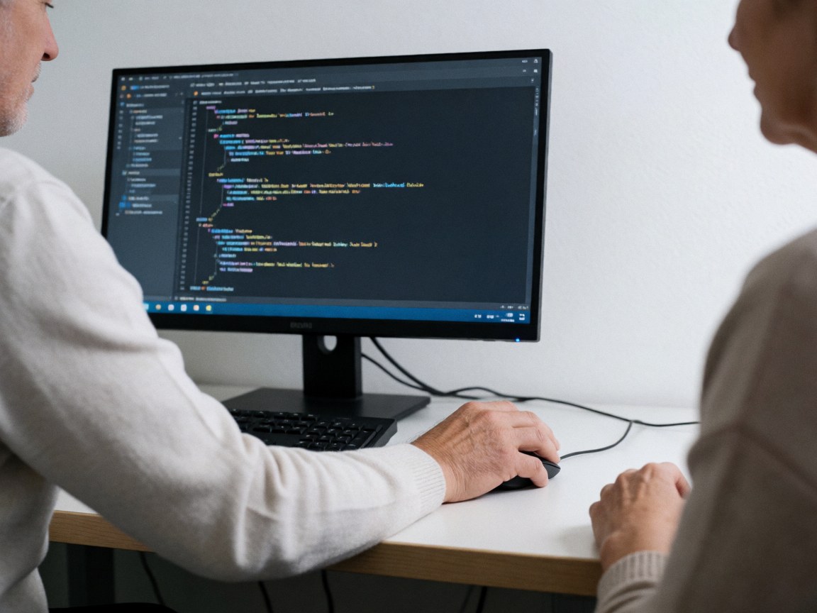 Deux individus travaillant ensemble devant un écran affichant du code source, dans un environnement de bureau technique.
