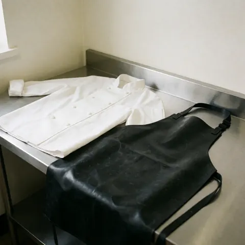 Chemise blanche de chef et tablier noir en caoutchouc posés sur une table en acier inoxydable dans une cuisine professionnelle à fond blanc.