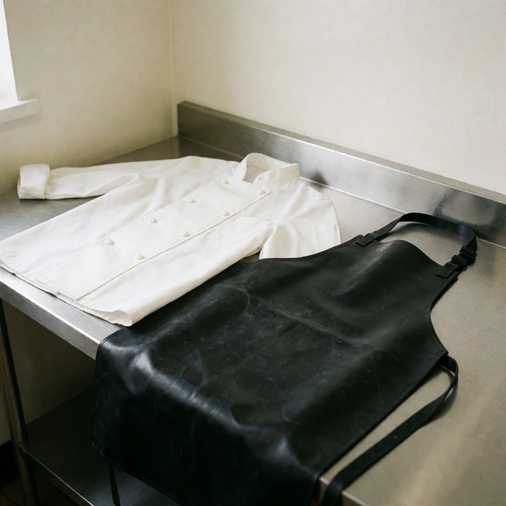 Chemise blanche de chef et tablier noir en caoutchouc posés sur une table en acier inoxydable dans une cuisine professionnelle à fond blanc.