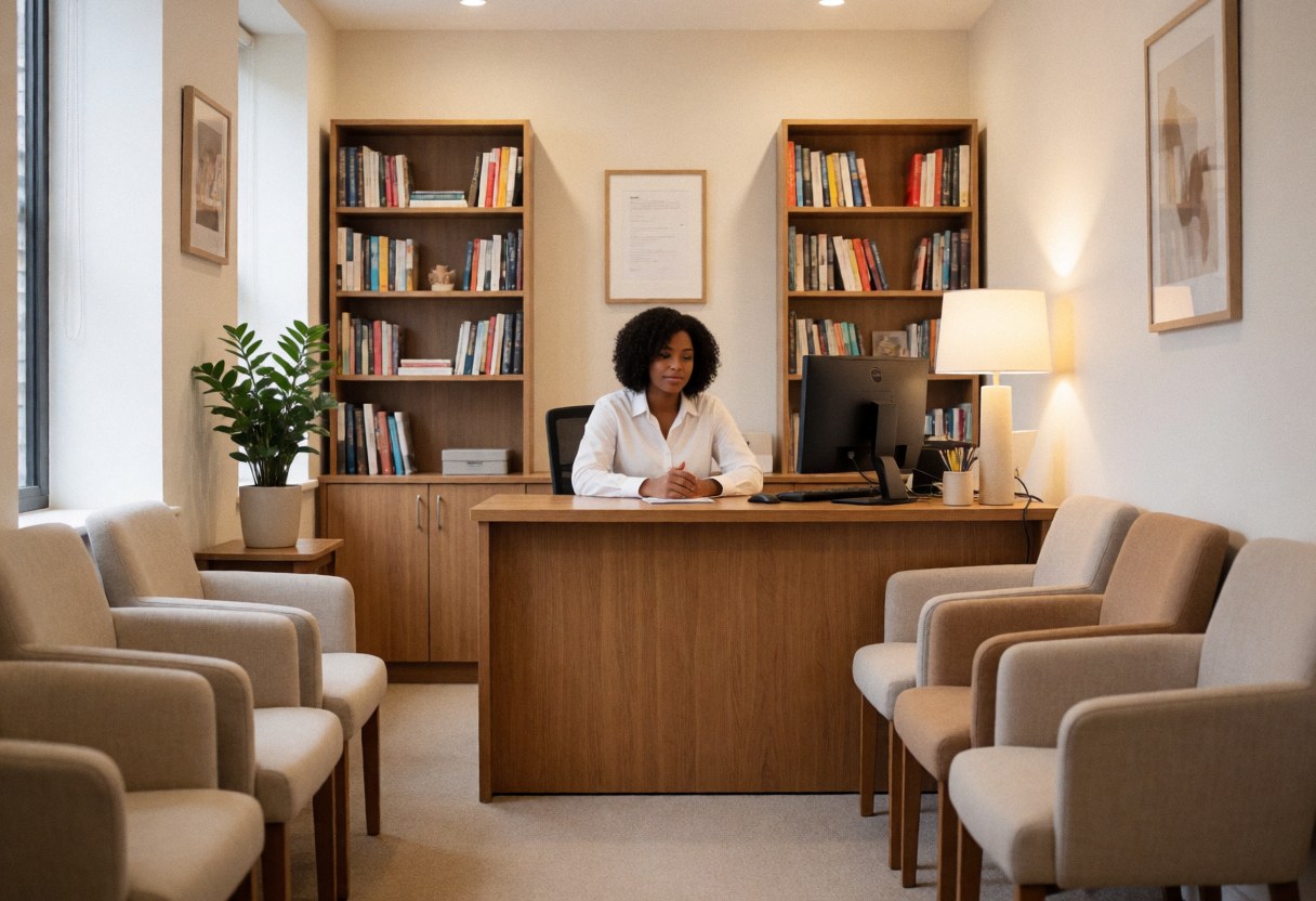 Vue d'un espace de réception moderne et accueillant doté de bureaux, de chaises et d'étagères remplies de livres dans un cadre professionnel.