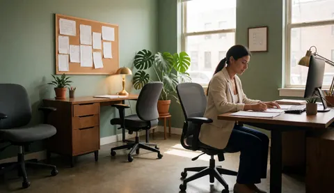 Une femme travaille à son bureau moderne aux murs verts, entourée de plantes et d'une ordinateur. La lumière naturelle illumine l'espace professionnel et créatif.