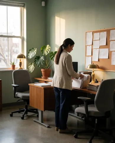 Une femme organise des papiers sur un bureau dans un bureau aux murs verts avec une plante monstera et une lumière naturelle.