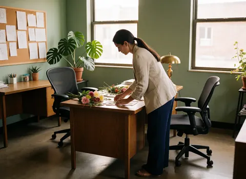 Une femme dispose des échantillons floraux sur un bureau en bois dans un bureau aux murs verts avec plante monstera et lampe en bronze.