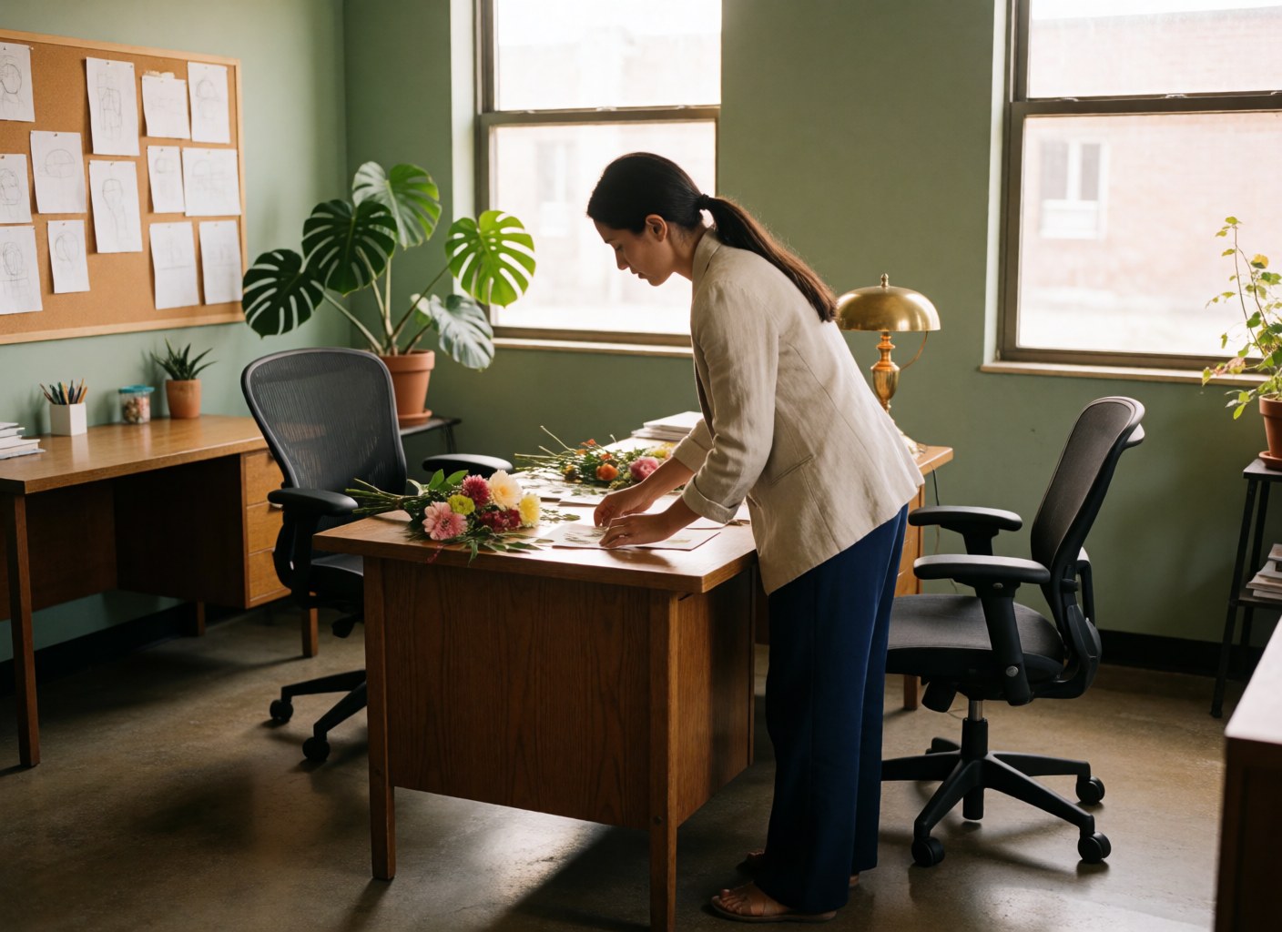 Une femme dispose des échantillons floraux sur un bureau en bois dans un bureau aux murs verts avec plante monstera et lampe en bronze.
