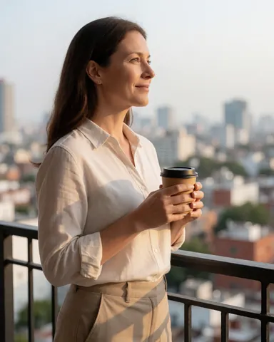 Une femme professionnelle regarde le paysage urbain depuis un balcon en profitant du moment.