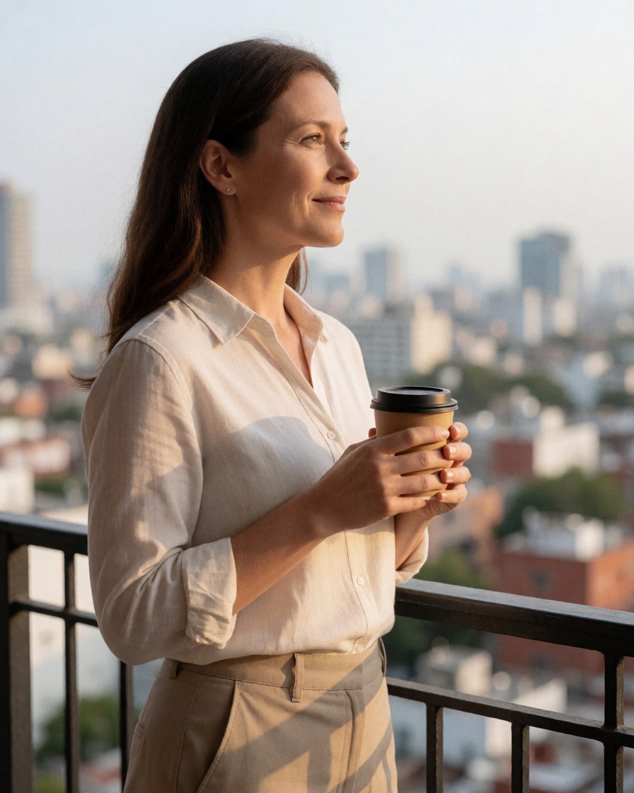 Une femme professionnelle regarde le paysage urbain depuis un balcon en profitant du moment.