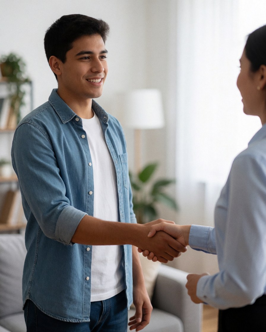 Un homme satisfait serre la main dans un intérieur moderne et lumineux, symbolisant un accord réussi dans le secteur immobilier.