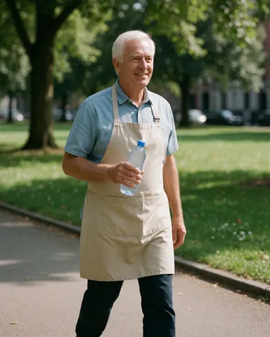 Un homme souriant se promène dans un parc en portant une chemise et un tablier, tenant une bouteille d'eau, évoquant la santé et le bien-être.