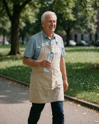 Un homme souriant se promène dans un parc en portant une chemise et un tablier, tenant une bouteille d'eau, évoquant la santé et le bien-être.