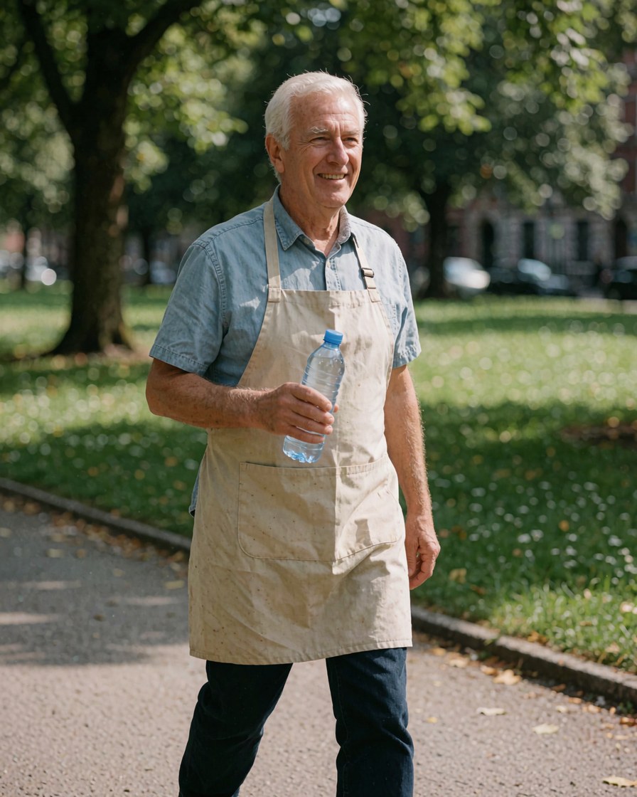 Un homme souriant se promène dans un parc en portant une chemise et un tablier, tenant une bouteille d'eau, évoquant la santé et le bien-être.