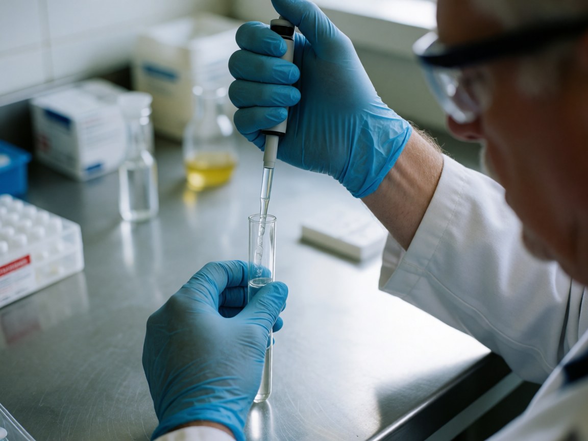 Des mains gantées tiennent un tube à essai et une pipette lors d'une analyse clinique précise dans un environnement de laboratoire professionnel.