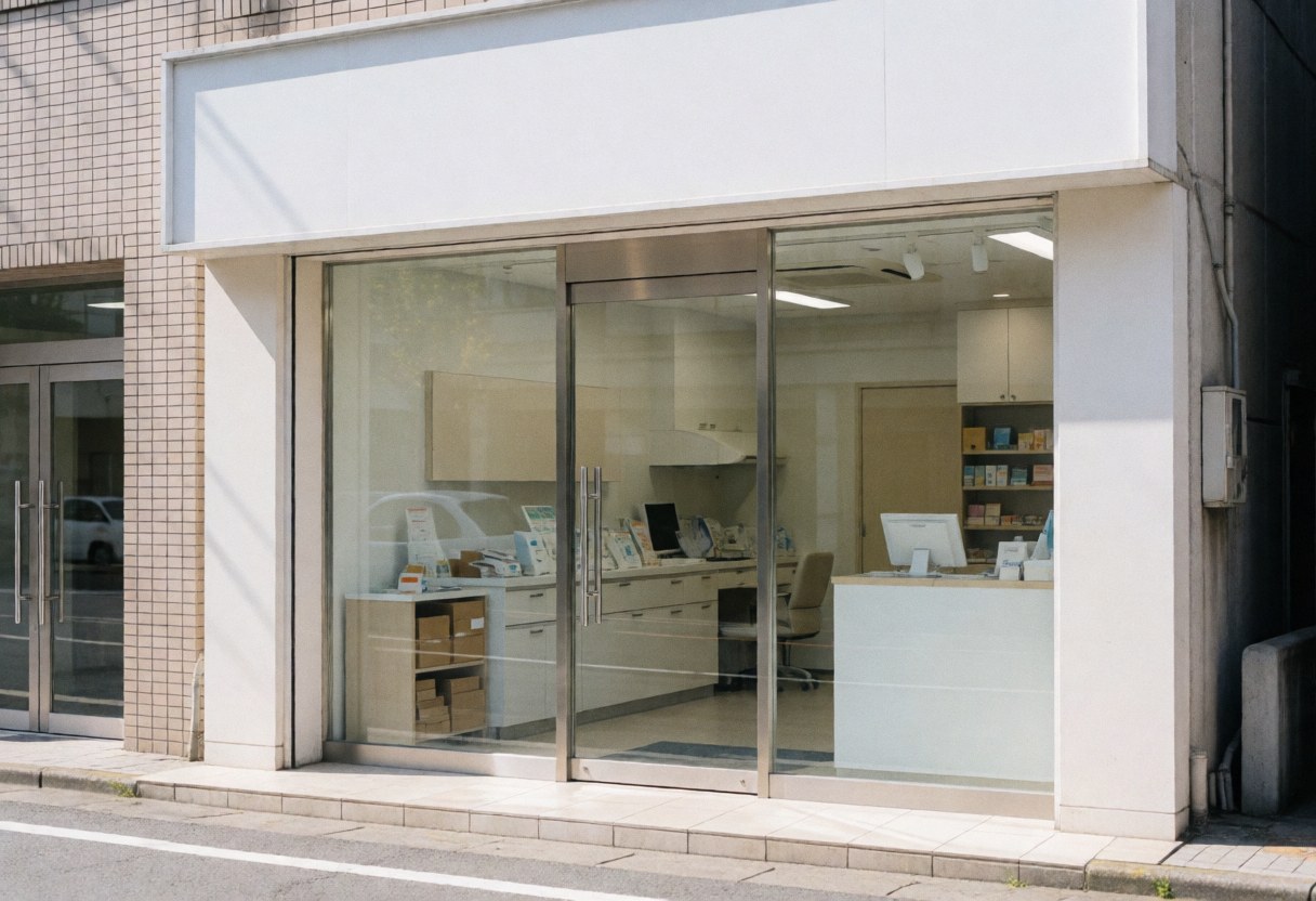 Façade d'un laboratoire clinique avec entrée en verre, montrant un intérieur propre et professionnel avec réception et ordinateurs.