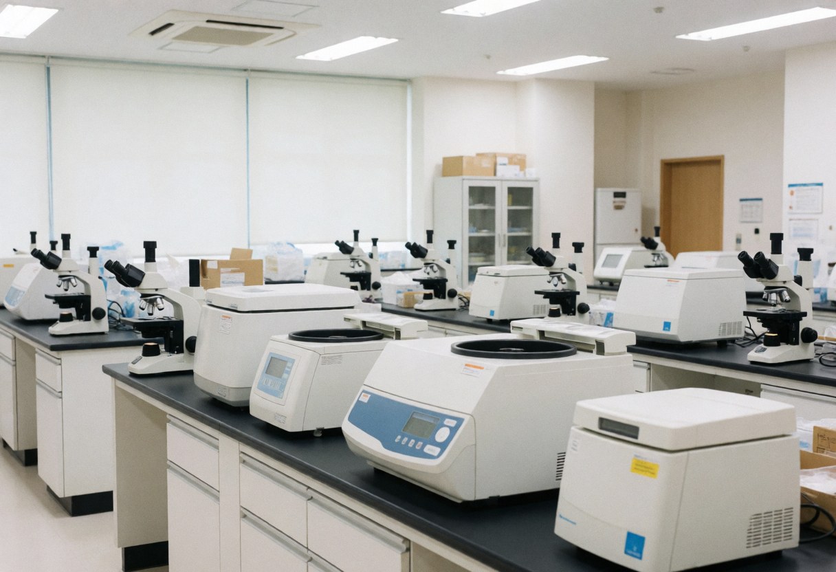 Laboratoire clinique moderne vide avec microscopes et centrifugeuses sur des tables noires, éclairage lumineux, ambiance propre et professionnelle.