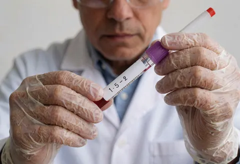 Un professionnel du laboratoire clinique portant des gants et des lunettes de protection étiquette avec précision un tube contenant du sang dans un environnement de travail propre et sécurisé.