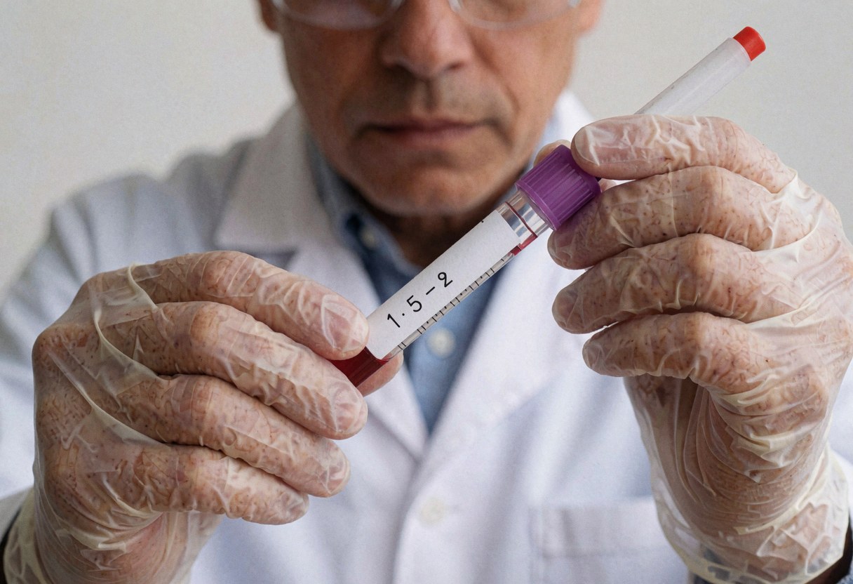 Un professionnel du laboratoire clinique portant des gants et des lunettes de protection étiquette avec précision un tube contenant du sang dans un environnement de travail propre et sécurisé.