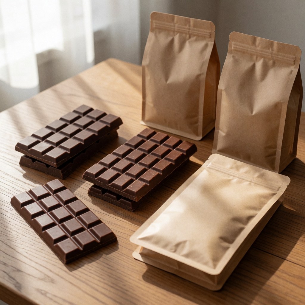 Barres de chocolat et sacs de café kraft posés sur une table claire, éclairée par une lumière naturelle douce créant des ombres chaleureuses.