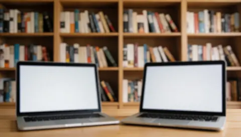 Étagères remplies de livres et ordinateurs portables sur une table en bois, créant un fond calme et professionnel pour du texte dans le domaine de l'éducation en ligne.