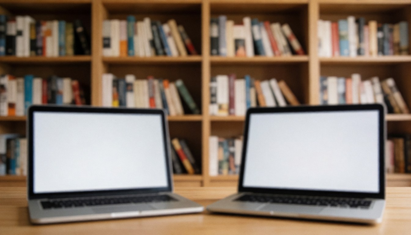 Étagères remplies de livres et ordinateurs portables sur une table en bois, créant un fond calme et professionnel pour du texte dans le domaine de l'éducation en ligne.