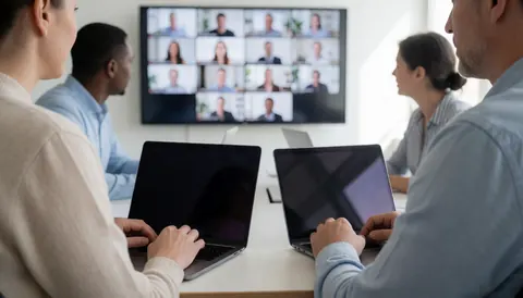Quatre personnes en réunion d'équipe, assises à une table avec des ordinateurs portables ouverts, regardant un grand écran lors d'une visioconférence dans un environnement professionnel lumineux.