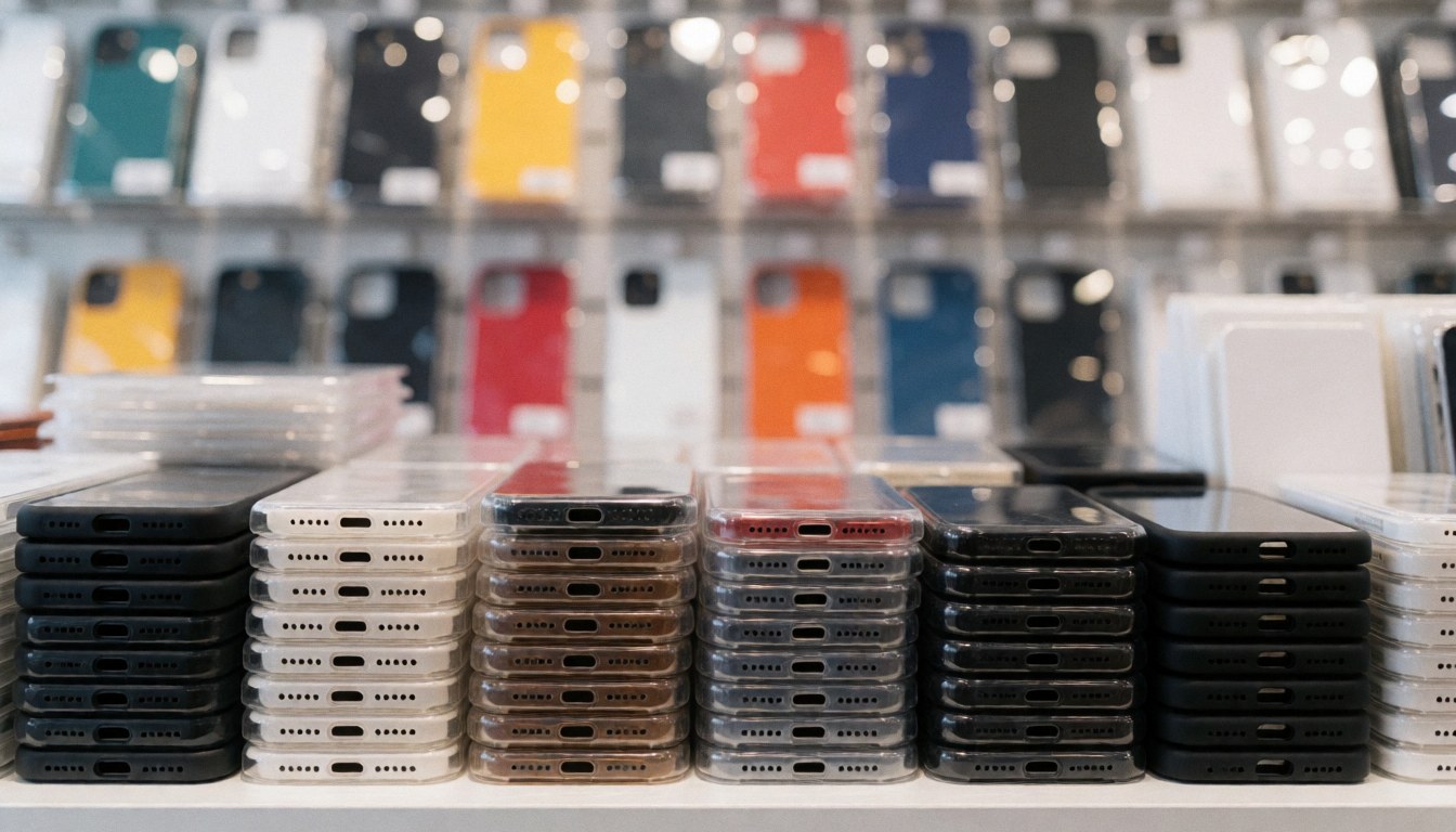 Étagères remplies d'étuis et protections de smartphones aux couleurs vives, servant de fond commercial pour textes et promotions.